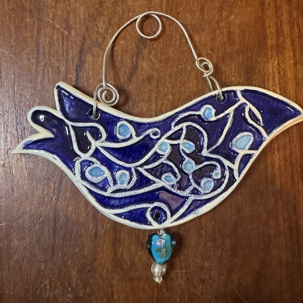Vintage Handmade Ceramic Bird Wall Hanging Cobalt Blue Signed Folk Art